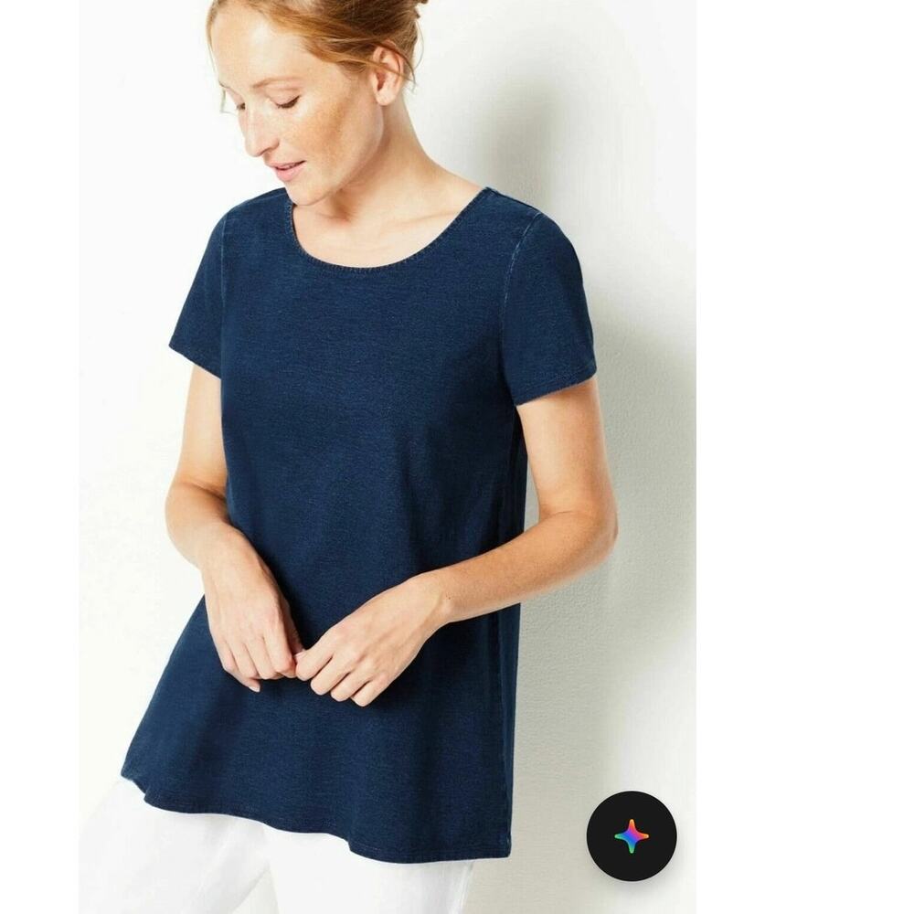 Pure Jill Indigo Tunic Top XS Blue Short Sleeve Flow Casual Minimalist Lagenlook